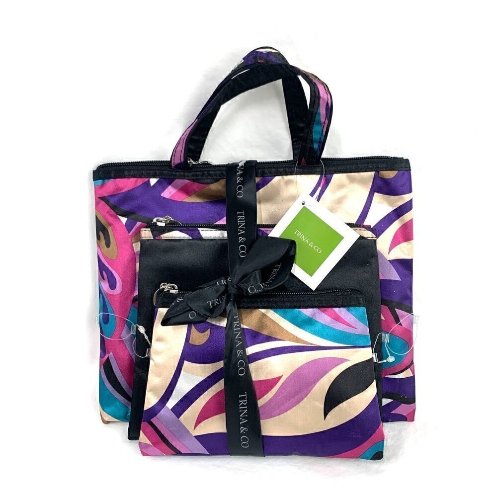 Trina & Co. Cosmetic Bag Set of Three - Multicolor Abstract Print/Black, NWT